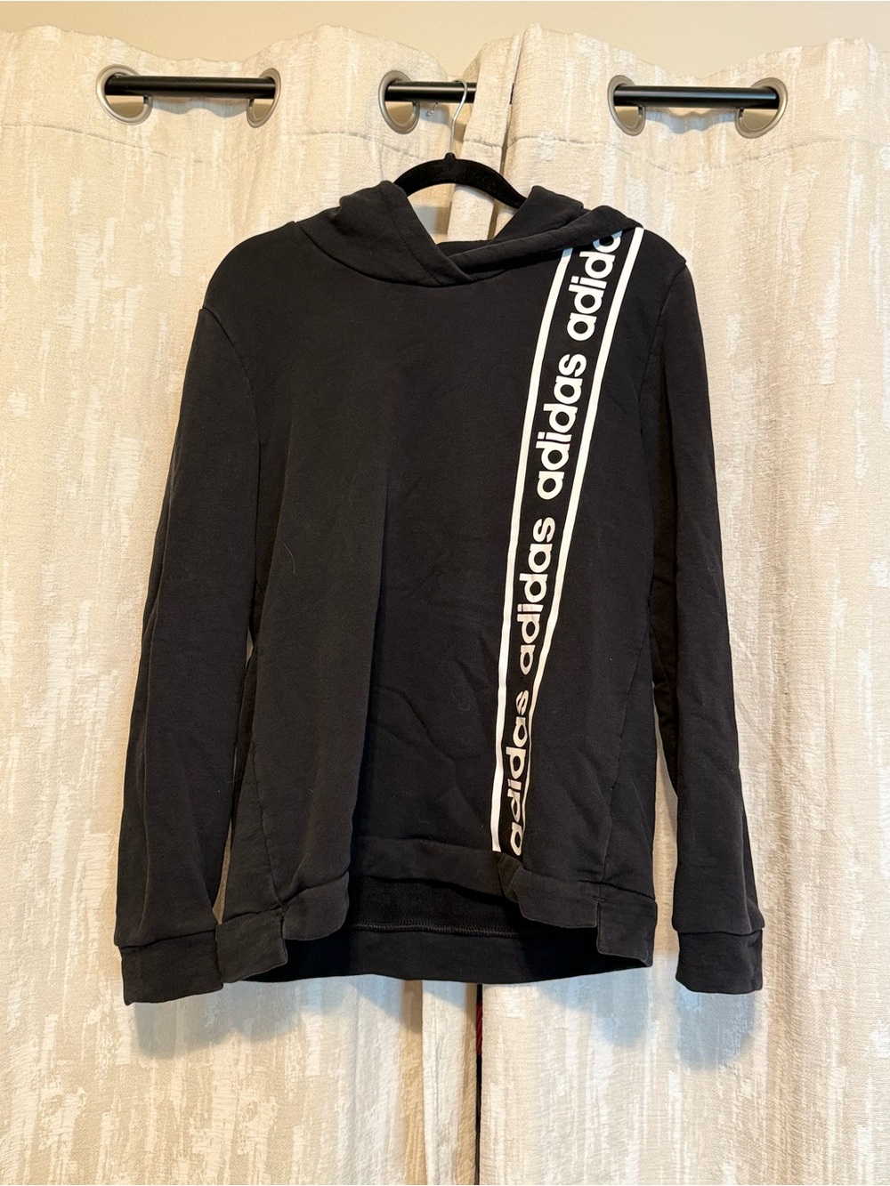 adidas Black Hoodie with White Diagonal Logo Stripe